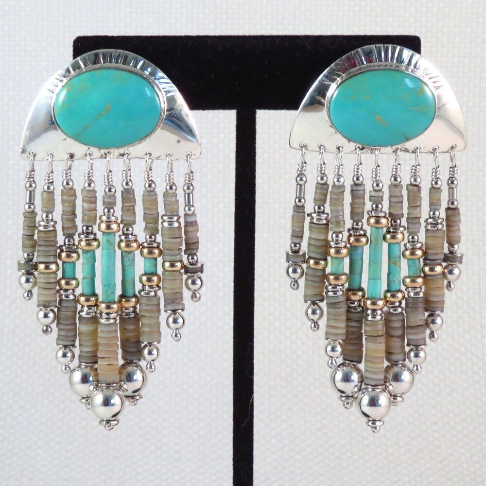 TABRA Turquoise & Heishi Waterfall Chandelier Earrings